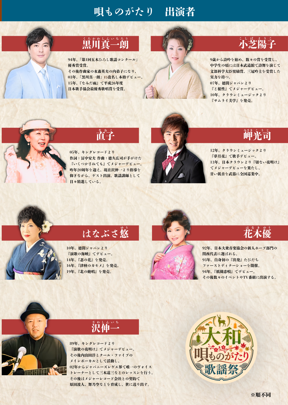 出演者｜大和 唄ものがたり歌謡祭 - 2026年9月23日(火祝)｜ＤＭＧ ＭＯＲＩ やまと郡山城ホール・レセプションホール